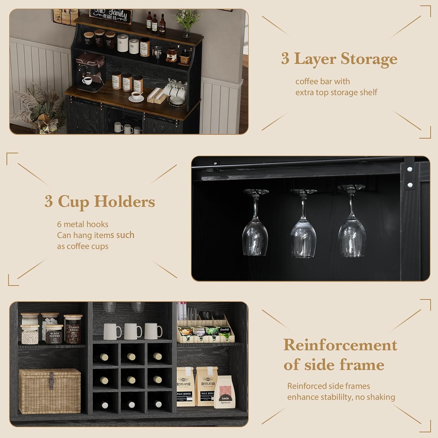 REVOMINCA 47 Inch Farmhouse Coffee Bar Cabinet with 3-Tier Storage, Coffee Bar Hutch with 9 Wine Racks, 3 Glass Holders, 6 Hooks, Kitchen Hutch for Dining Living Room, Black