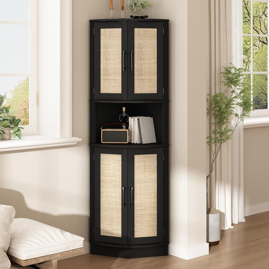 HOKYHOKY Tall Corner Cabinet, 64.7' Rattan Corner Storage Cabinet with 4 Doors and 5 Storage Shelves, Farmhouse Space Saver, Boho Shelf for Living Room, Kitchen, Bathroom, Office, Rustic Black