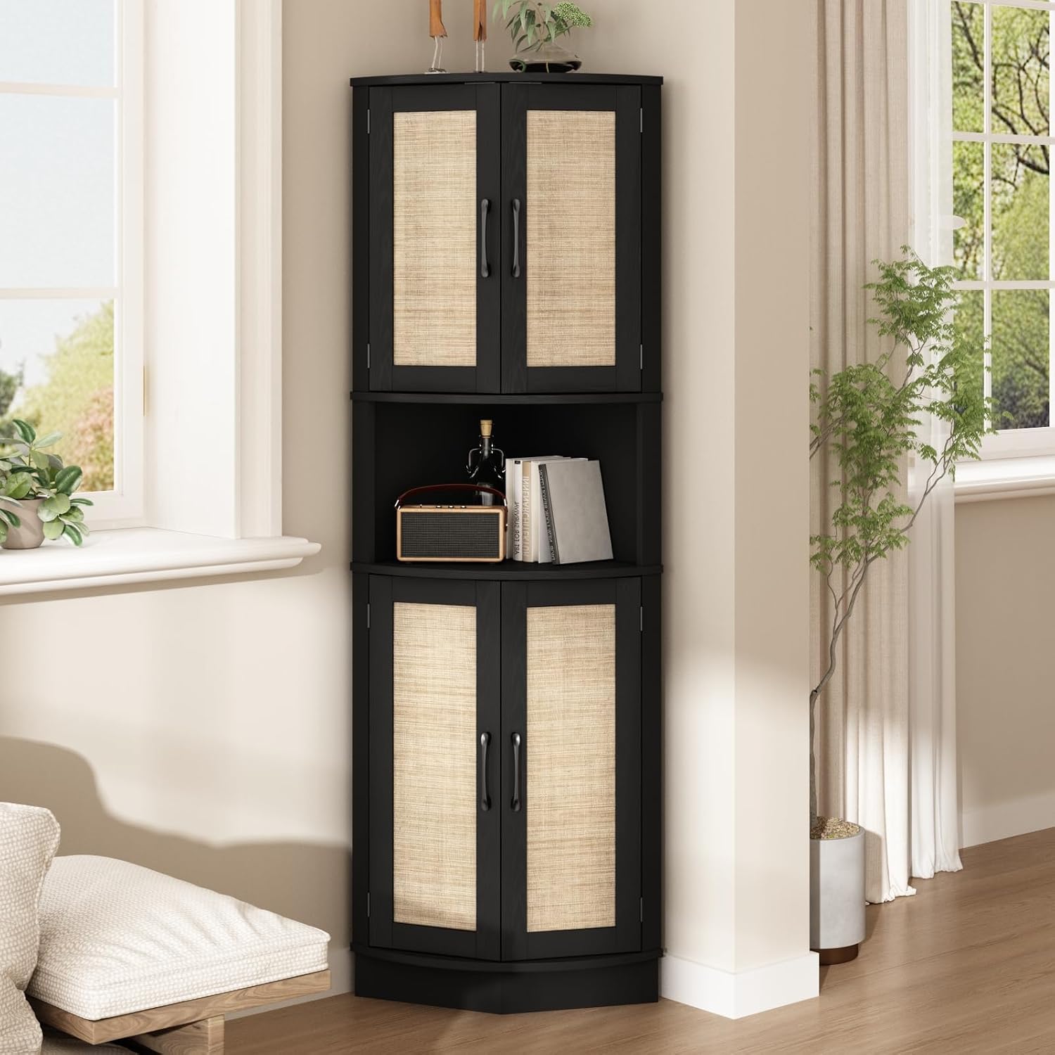 HOKYHOKY Tall Corner Cabinet, 64.7' Rattan Corner Storage Cabinet with 4 Doors and 5 Storage Shelves, Farmhouse Space Saver, Boho Shelf for Living Room, Kitchen, Bathroom, Office, Rustic Black