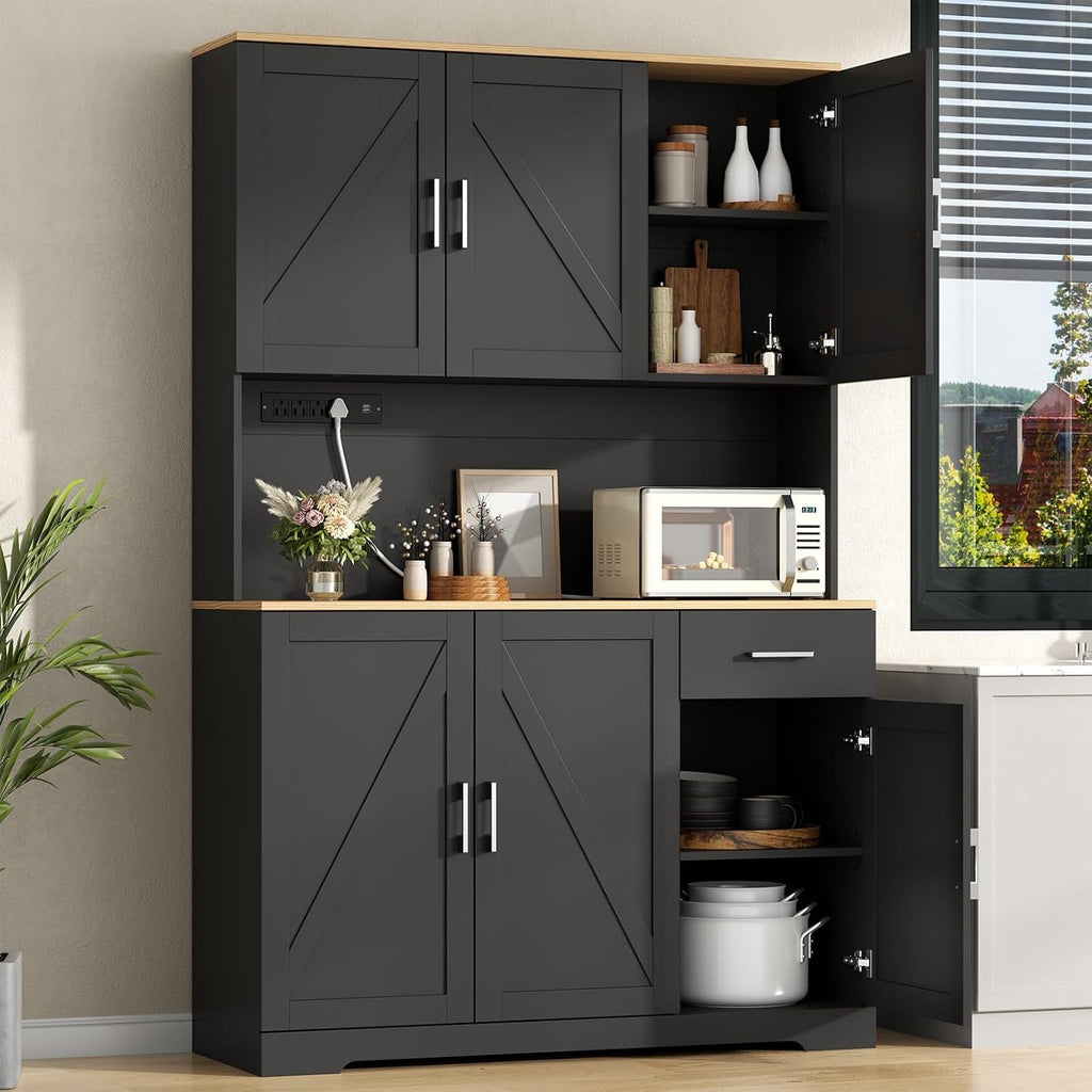 Gyfimoie 71'' Farmhouse Kitchen Pantry Cabinet, Tall Storage Cabinet with Power Outlet, Freestanding Hutch with Drawer, 4 Adjustable Shelf & 6 Doors for Kitchen Living Room (Black)