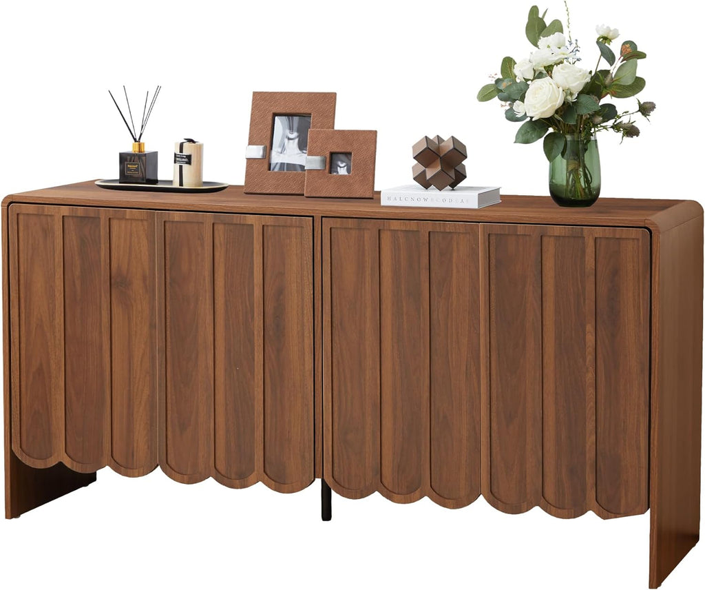 ORRD Sideboard Buffet Cabinet, Accent Storage Cabinets with 4 Doors, Farmhouse Wood Cabinet with Adjustable Shelves and Wave Panel for Living Room, Dining Room, Entry - Walnut