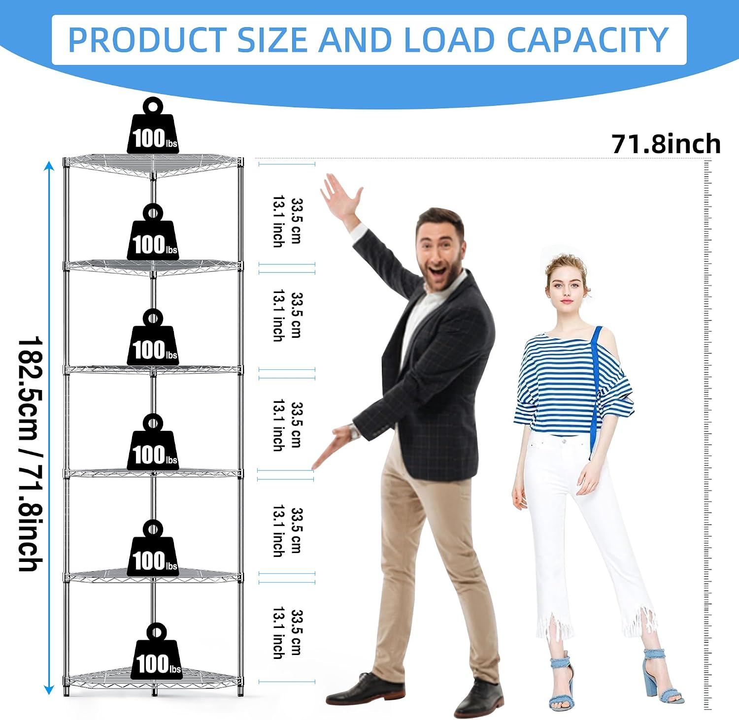 Silver Corner Storage Rack, 6 Tier Metal Corner Shelf Wire Shelving Unit, 600lbs Capacity, NSF, Adjustable Height, Leveling Feet and Liners, Ideal for Bathroom, Kitchen, 72'H x 20'L x 20'W, Pentagonal
