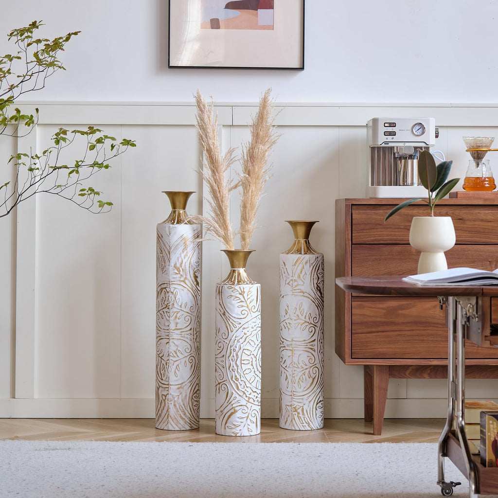 Gorgeous Set of 3 White & Gold Metal Vases - Stylish Floor Decoration, 24in/28.7in/33.5in Tall for Elegant Home Décor!