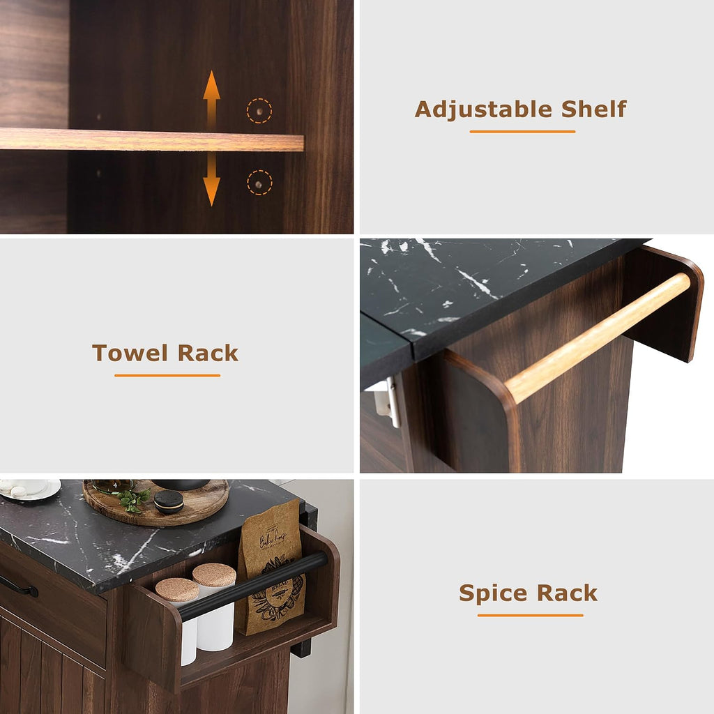 Rolling Kitchen Island Carton Wheels with Trash Can Storage Cabinet, Drop Leaf, Spice Rack, Towel Rack, Drawer, Adjustable Shelf for Dining Room Kitchens Walnut Brown