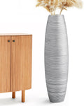 Large Floor Vase 35.4' Silver Metallic, Resin Wide-Body Vase with Horizontal Ribbed Texture for Dried Pampas Grass Branches, Modern Home Decor for Living Room Corner Entryway