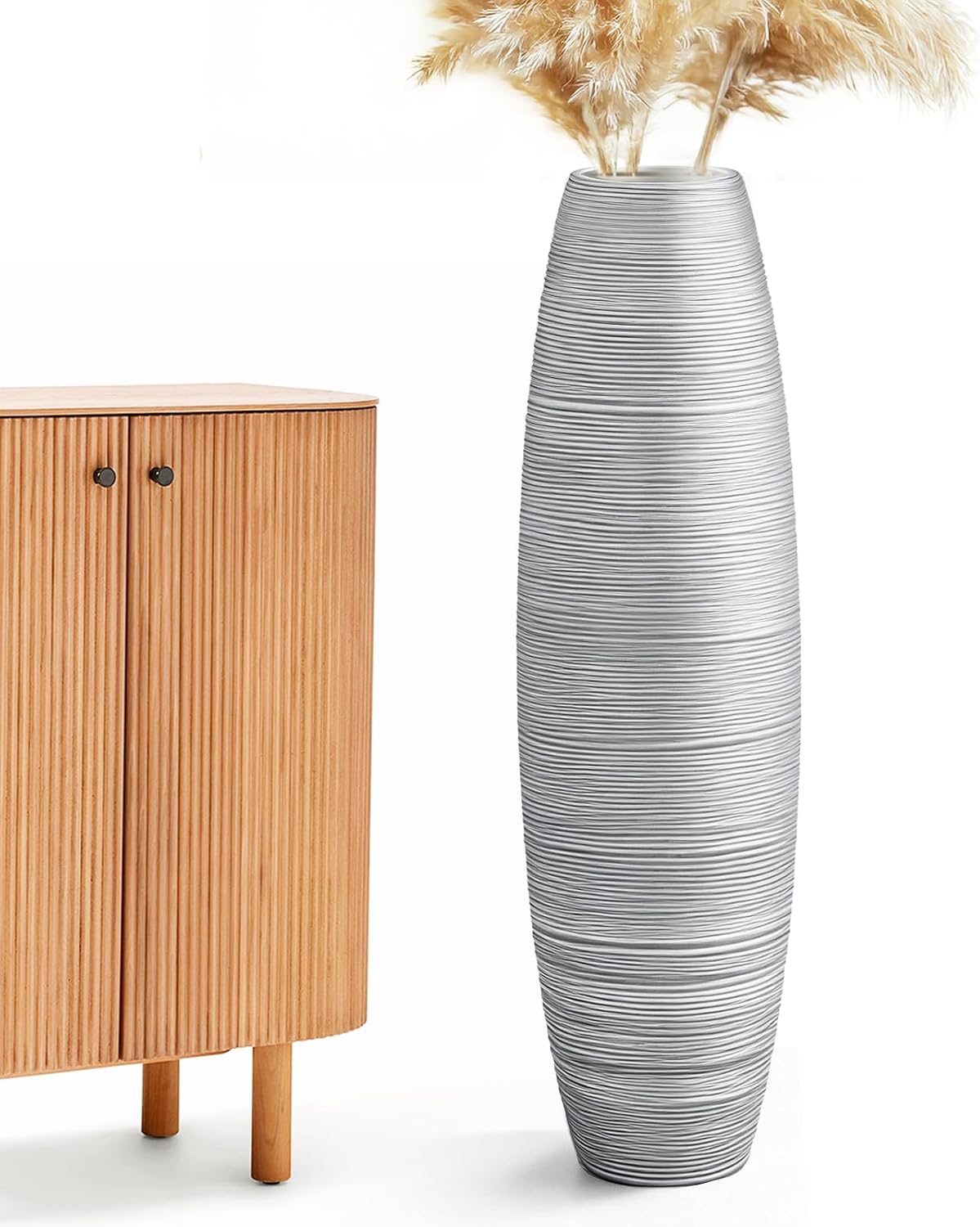 Large Floor Vase 35.4' Silver Metallic, Resin Wide-Body Vase with Horizontal Ribbed Texture for Dried Pampas Grass Branches, Modern Home Decor for Living Room Corner Entryway