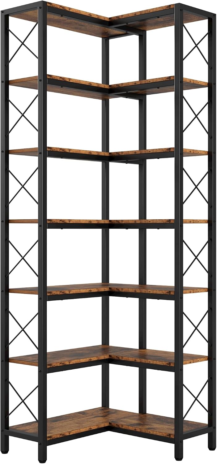 IRONCK Corner Bookshelf, 7-Tier Industrial Corner Bookcase, Tall Corner Shelf Storage Display Rack with Metal Frame for Living Room Home Office, Vintage Brown