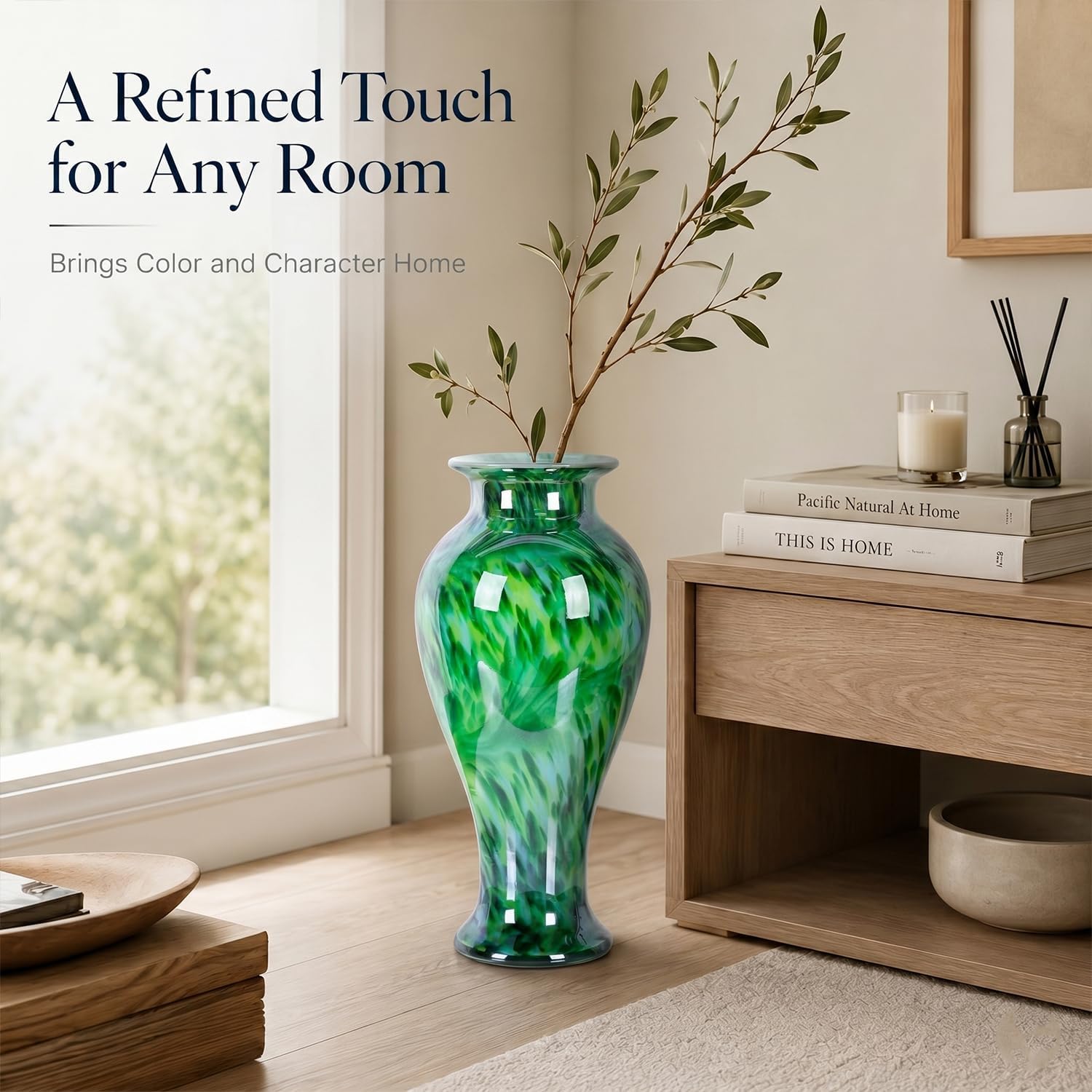 20' Tall Green Glass Vase Hand Blown Large Floor Glass Vase Home Decor, Pretty Modern Dark Green Flowers Vases, Jarrones Grandes para Sala Elegantes, Large Vases for Living Room Wedding Decor