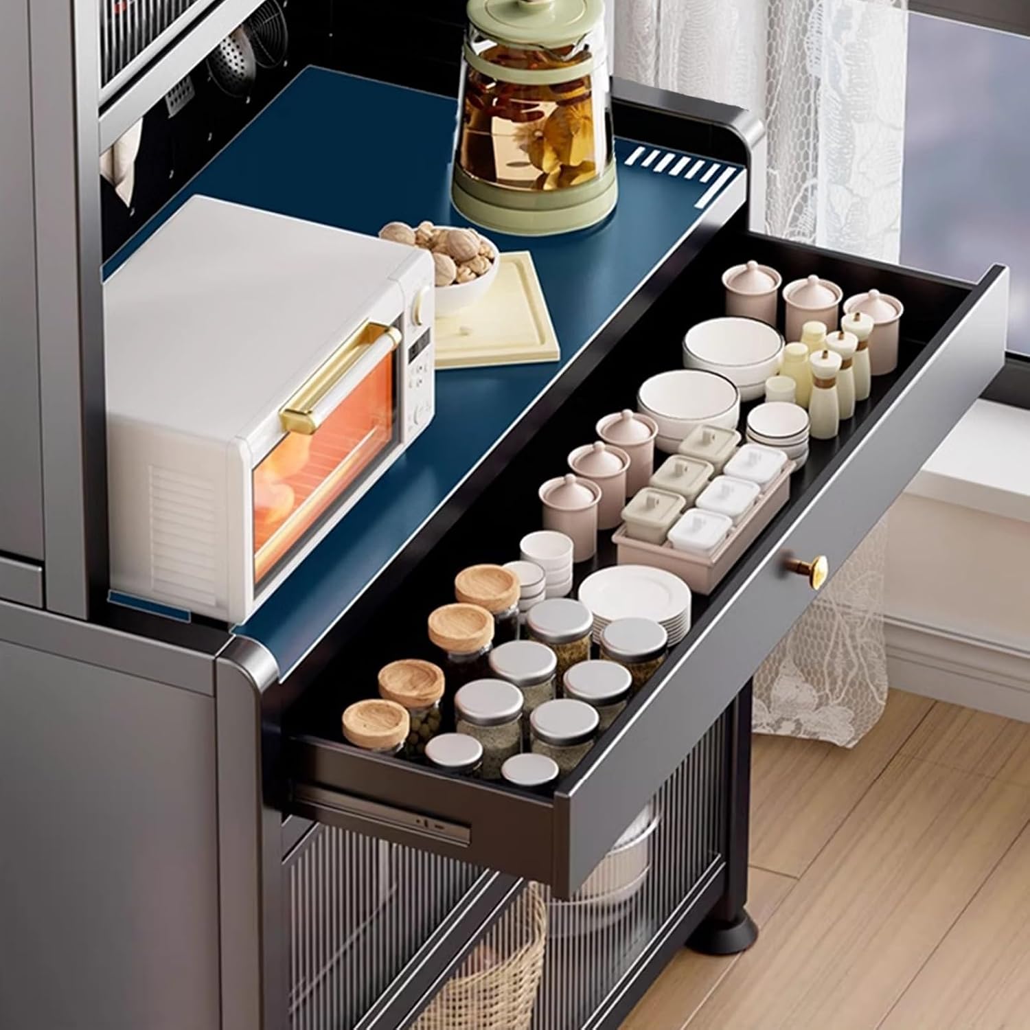 Kitchen Bakers Rack with Drawer, Kitchen Cabinets with Worktop, Wide Tabletop, Large Capacity(Black,60cm)