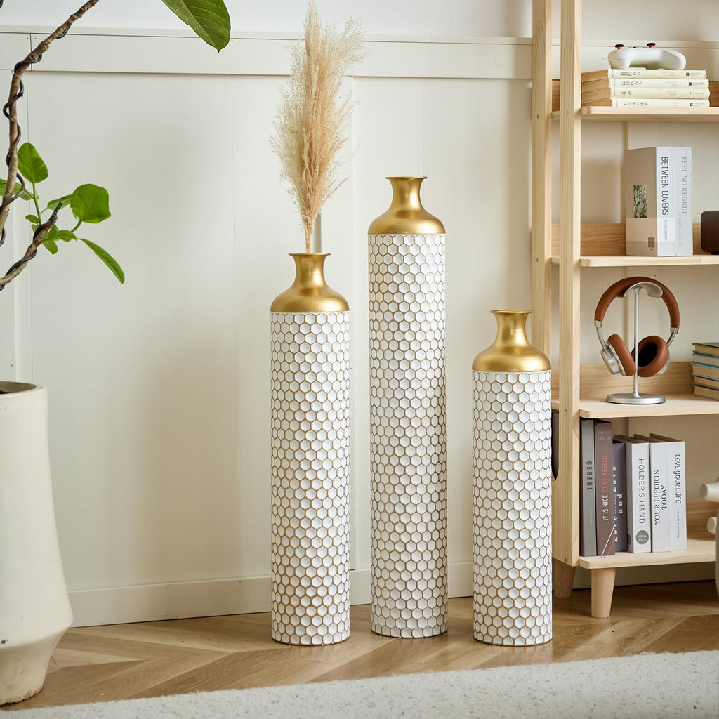 Elegant 3-Piece Set Floor Metal Vase - Modern White & Gold Droplet Shaped Design for Stunning Home Décor - Large Glazed Metal Vases Perfect for Any Space