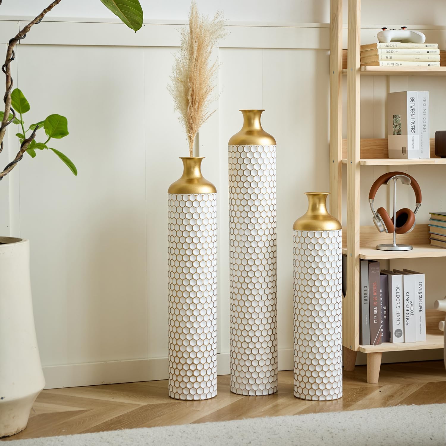 Elegant 3-Piece Set Floor Metal Vase - Modern White & Gold Droplet Shaped Design for Stunning Home Décor - Large Glazed Metal Vases Perfect for Any Space