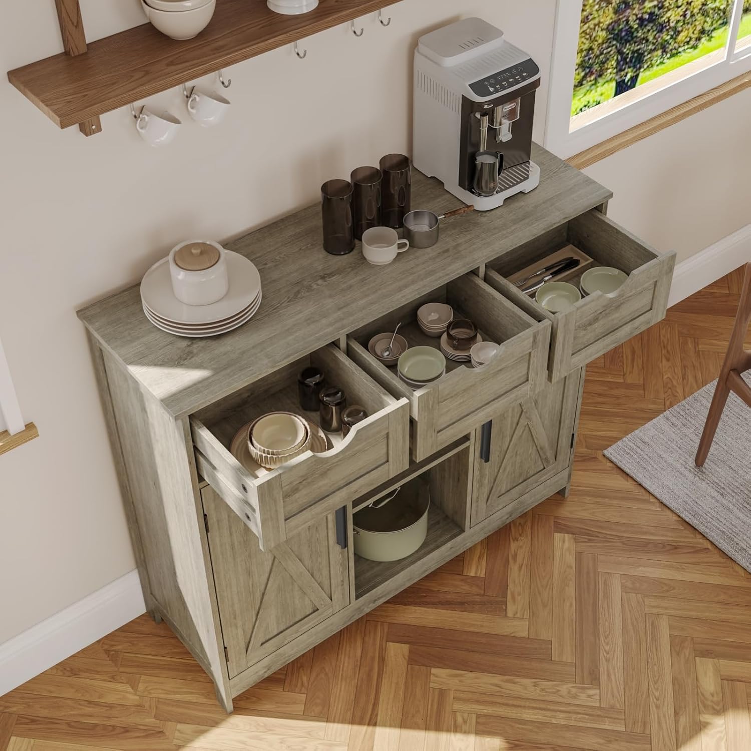 Viaozutis Storage Cabinet, Coffee Bar Cabinet with 2 Adjustable Shelves, 3 Drawers, and 2 Doors, for Bathroom, Kitchen, Living Room (Gray)