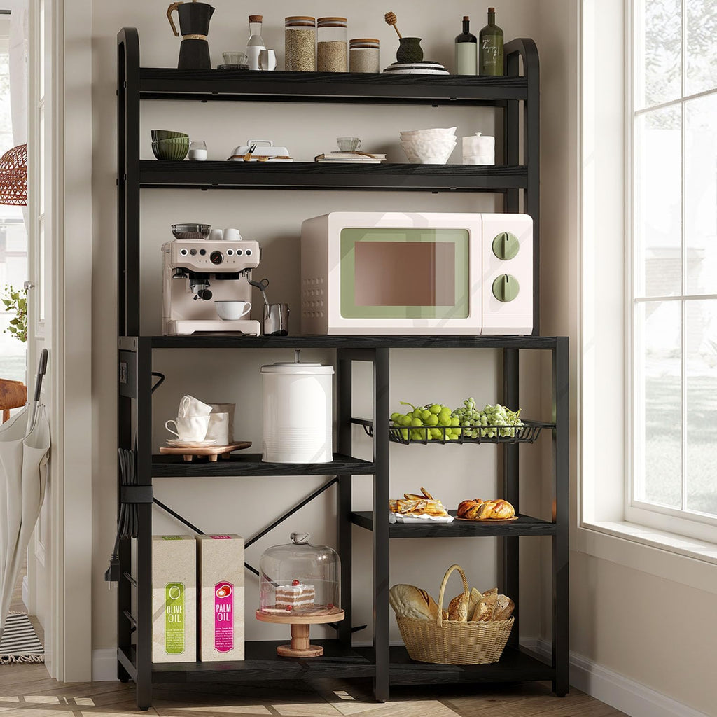 IDEALHOUSE Bakers Rack with Power Outlet, 6-Tier Coffee Bar Station with Wire Drawer, Industrial Microwave Stand, Kitchen Standing Bakers Racks with Large Storage, Hutch, Retro Black