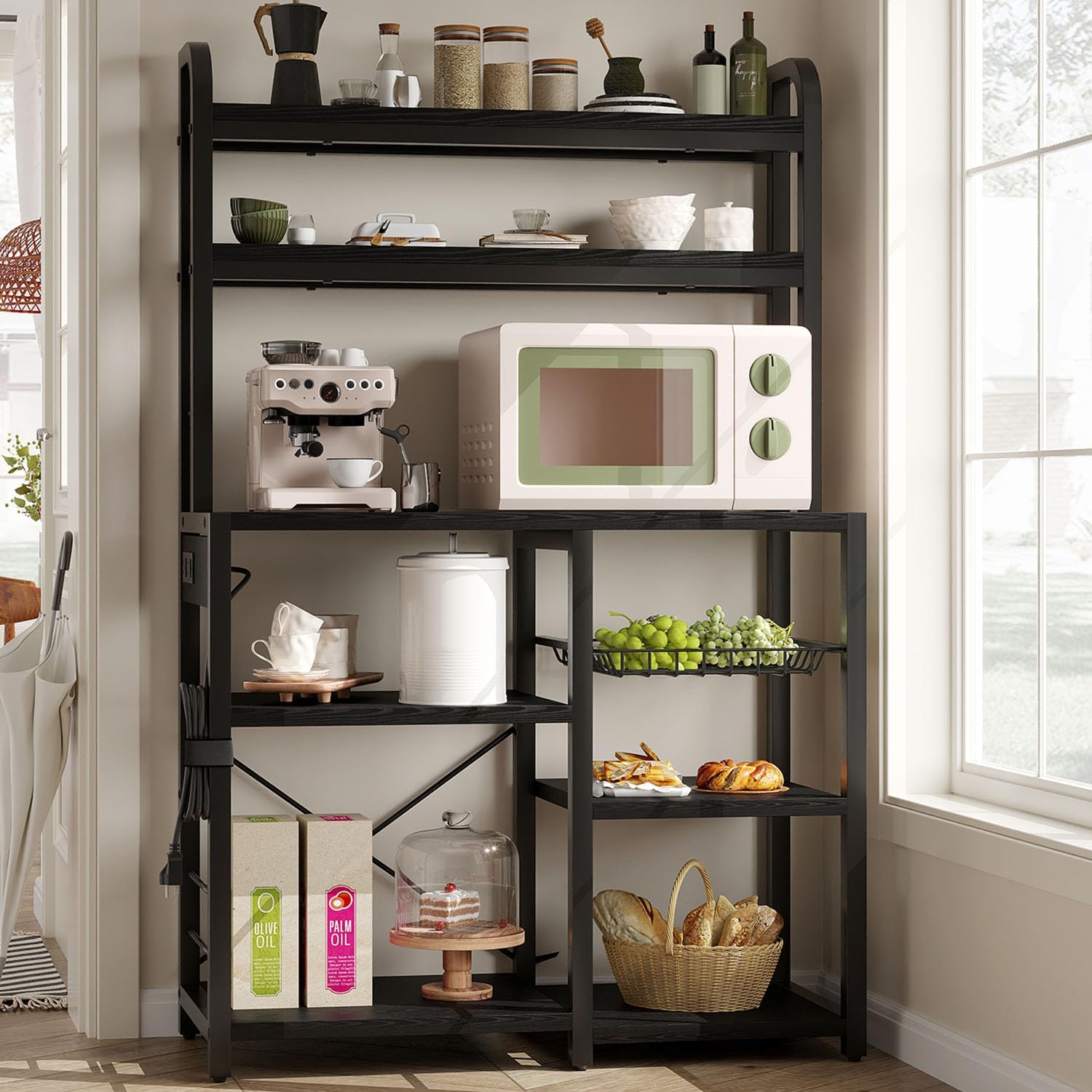 IDEALHOUSE Bakers Rack with Power Outlet, 6-Tier Coffee Bar Station with Wire Drawer, Industrial Microwave Stand, Kitchen Standing Bakers Racks with Large Storage, Hutch, Retro Black