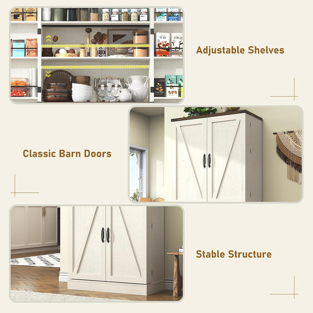 71' Tall Kitchen Pantry Cabinet, Farmhouse Tall Kitchen Storage Cabinet with Adjustable Shelves & 4 Barn Style Doors, Wooden Storage Cabinet for Kitchen, Dining Room, Living Room, Bathroom, Office
