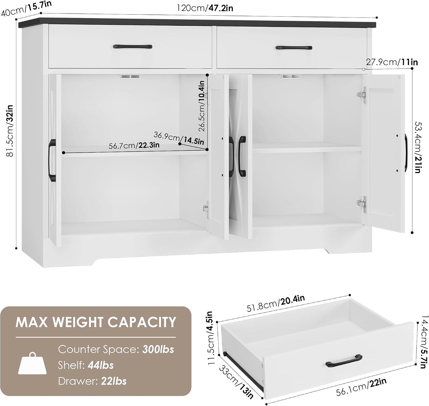 HOSTACK Buffet Cabinet with Storage, 47.2' Kitchen Sideboard Buffet with Drawers, Modern Farmhouse Coffee Bar Station with Shelves, Barn Doors Storage Cabinet for Living Room, White/Black