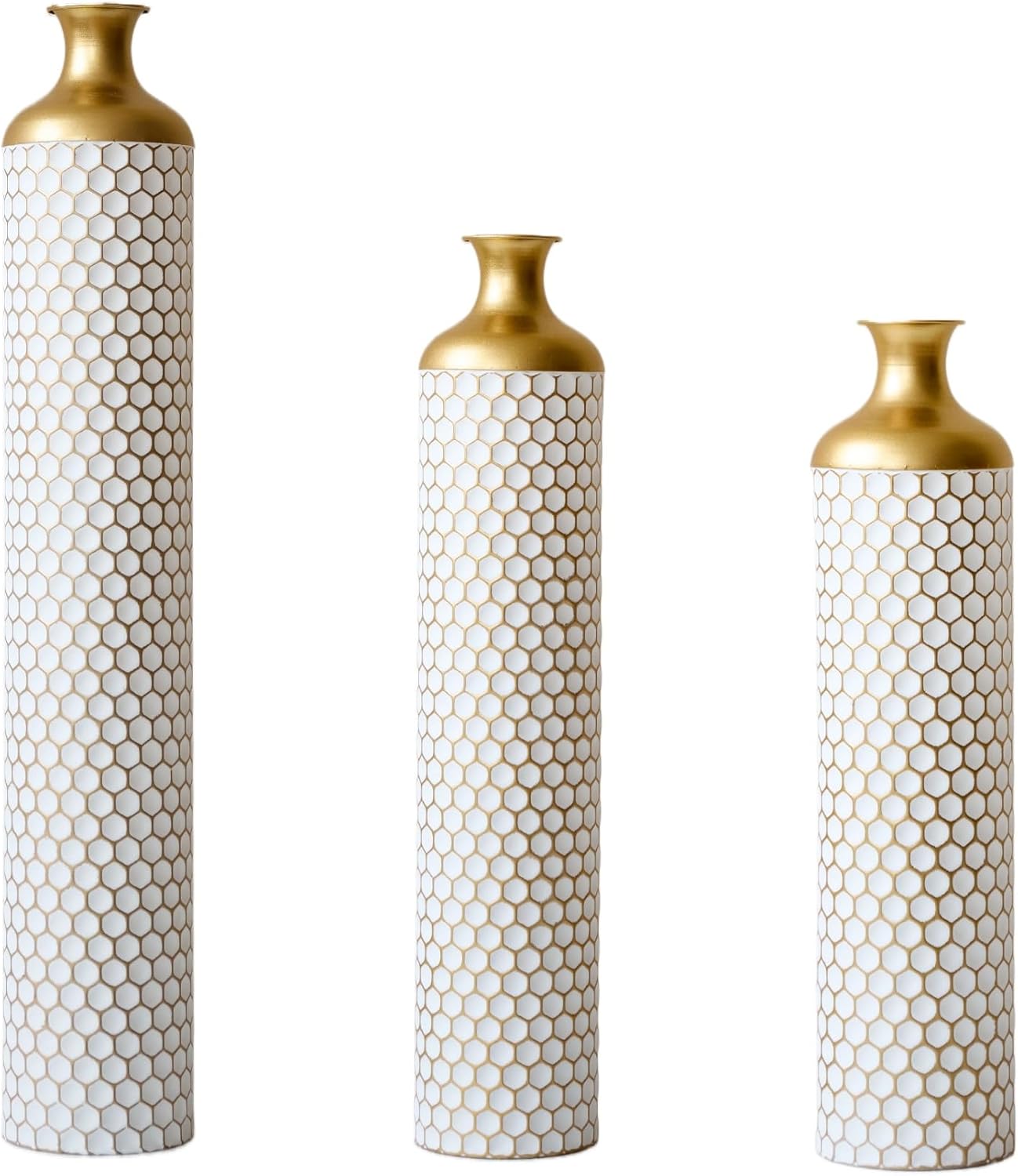 Elegant 3-Piece Set Floor Metal Vase - Modern White & Gold Droplet Shaped Design for Stunning Home Décor - Large Glazed Metal Vases Perfect for Any Space