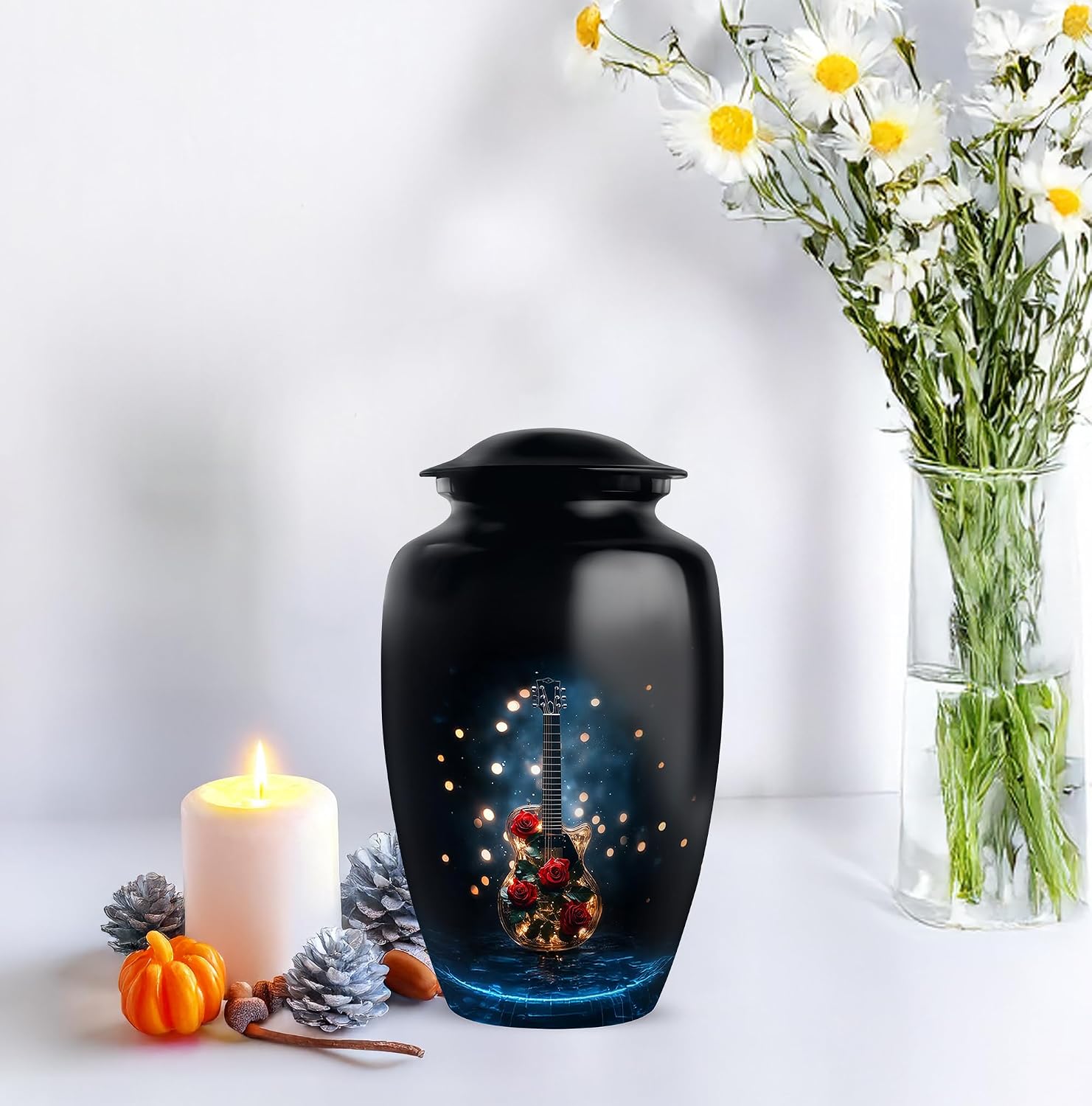 Guitar Urn - Unique Urns - Decorative Memorial - Small Cremation Urns for Human Ashes - Mom & Dad Urn - Hand Engraved - Combo of 10 Inch & 3 Inch