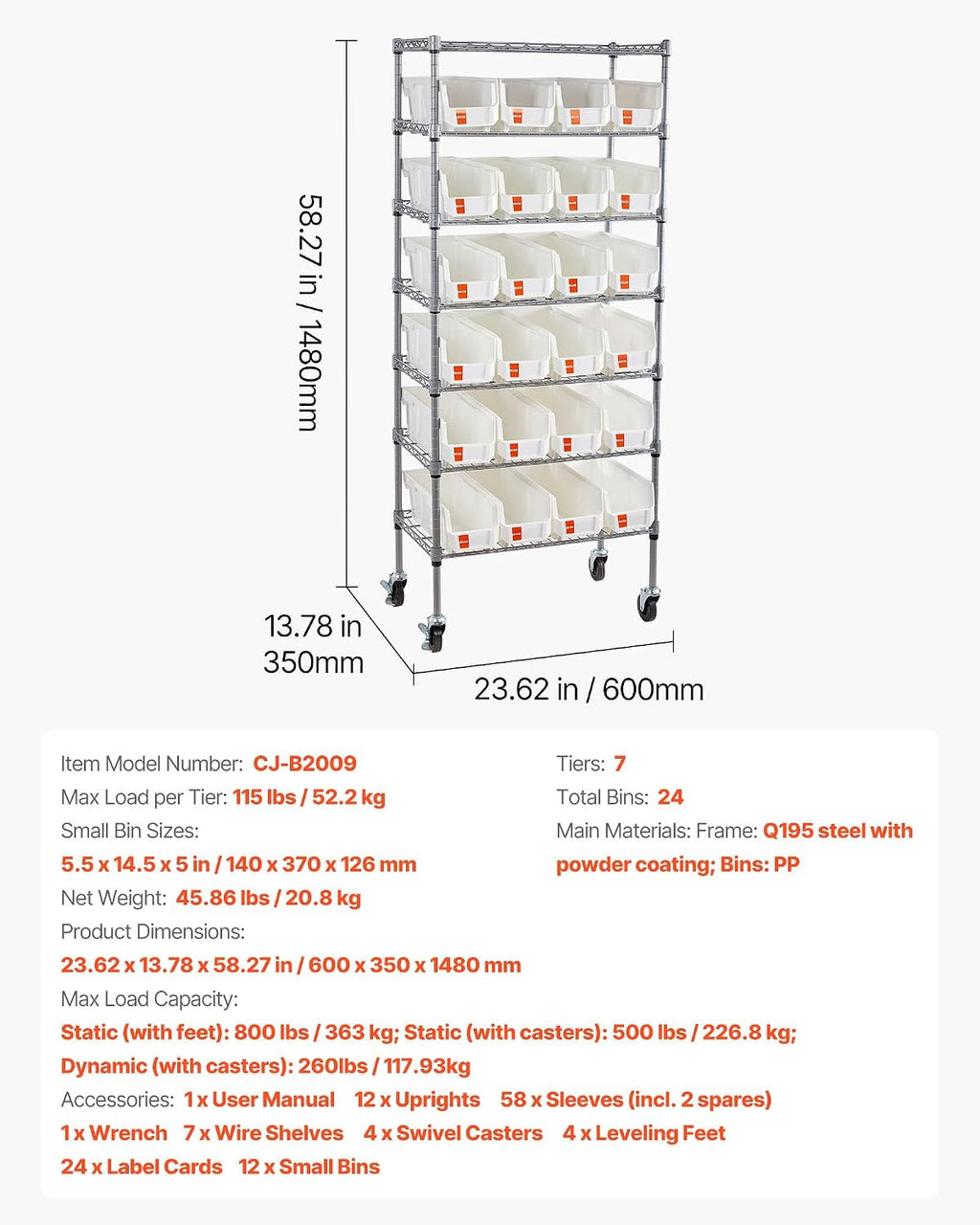 VEVOR 7-Tier Rolling Bin Storage Rack, 24 Small Bins, Bin Rack Storage Steel Wire Shelving System with Wheels, Mobile Tool Organizer for Garage, Warehouse, Office, Restaurant, Classroom, Kitchen