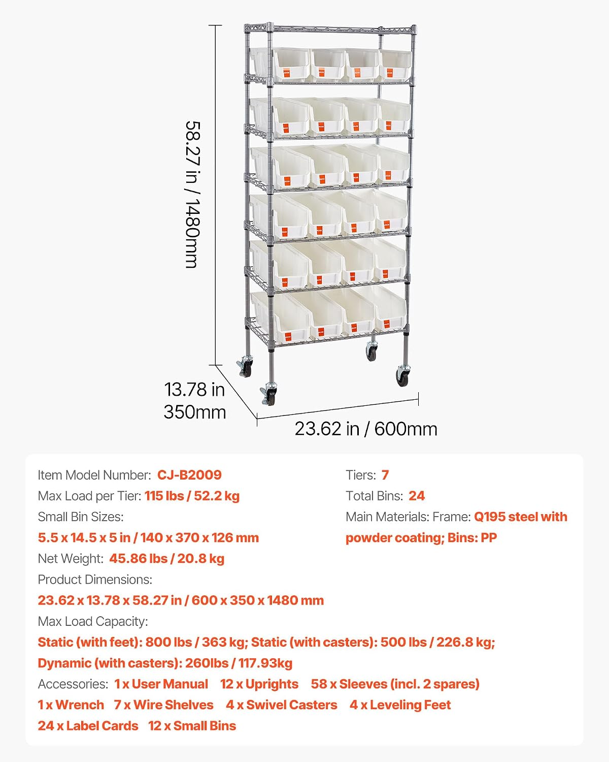 VEVOR 7-Tier Rolling Bin Storage Rack, 24 Small Bins, Bin Rack Storage Steel Wire Shelving System with Wheels, Mobile Tool Organizer for Garage, Warehouse, Office, Restaurant, Classroom, Kitchen