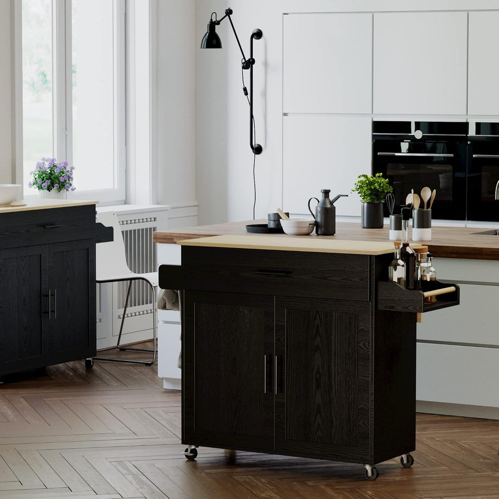 IRONCK Rolling Kitchen Island Table on Wheels with Drop Leaf, Storage Cabinet, Drawer, Spice/Towel Rack, Kitchen Cart, 47.25' Wide Black