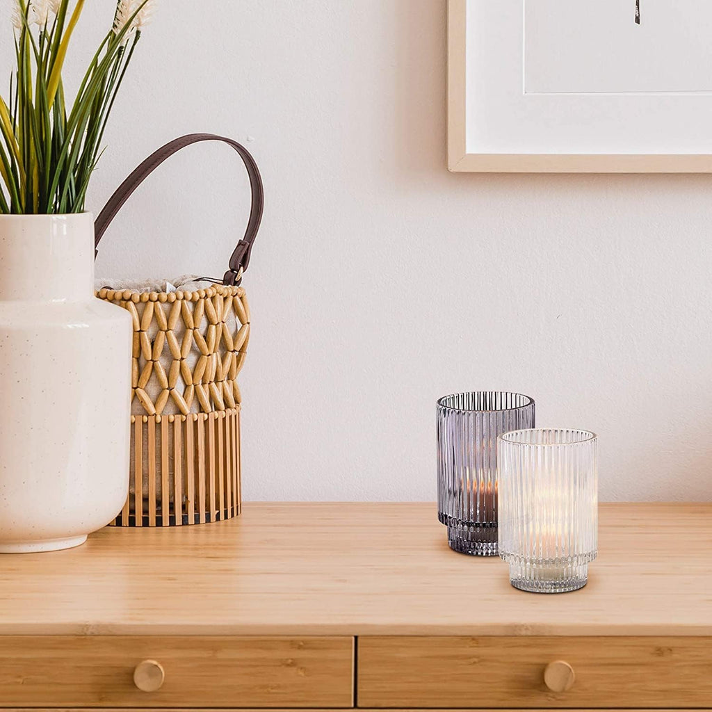 Serene Spaces Living 5in Smoke Ribbed Glass Votive Holder, Decorative Centerpiece for Wedding, Christmas, Thanksgiving, Dining Table, Living Room, Home Décor, 3.25' Diameter & 5' Tall, Pack of 24