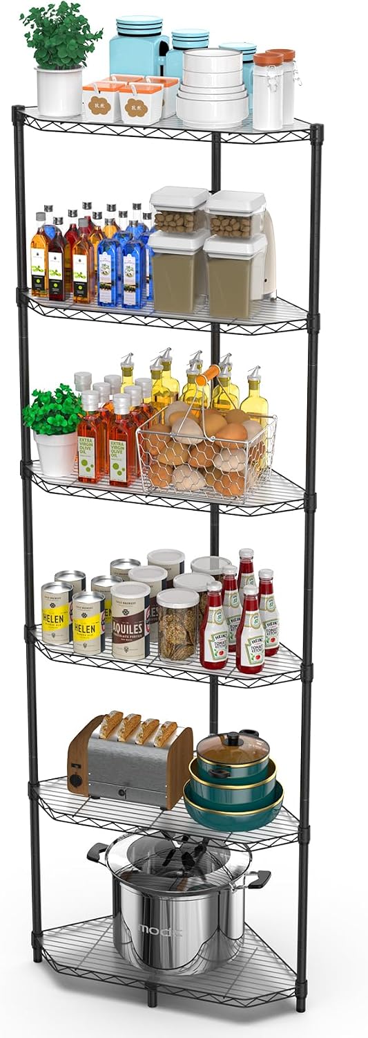 6 Tier NSF Corner Wire Shelf Shelving Unit, 20 x 20 x 72 Inch 600lbs Capacity Heavy Duty Adjustable Metal Storage Rack with Leveling Feet & Shelf Liners for Office Kitchen Bathroom and More - Black