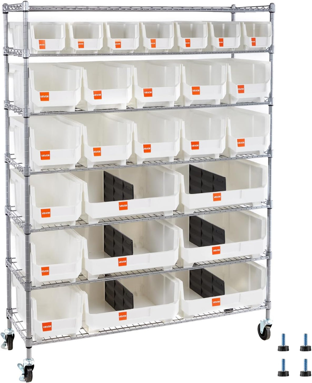 VEVOR 7-Tier Rolling Bin Storage Rack, 26 Organizer Bins, Bin Rack Storage Steel Wire Shelving System with Wheels, Mobile Tool Organizer for Garage, Warehouse, Office, Restaurant, Kitchen, Classroom