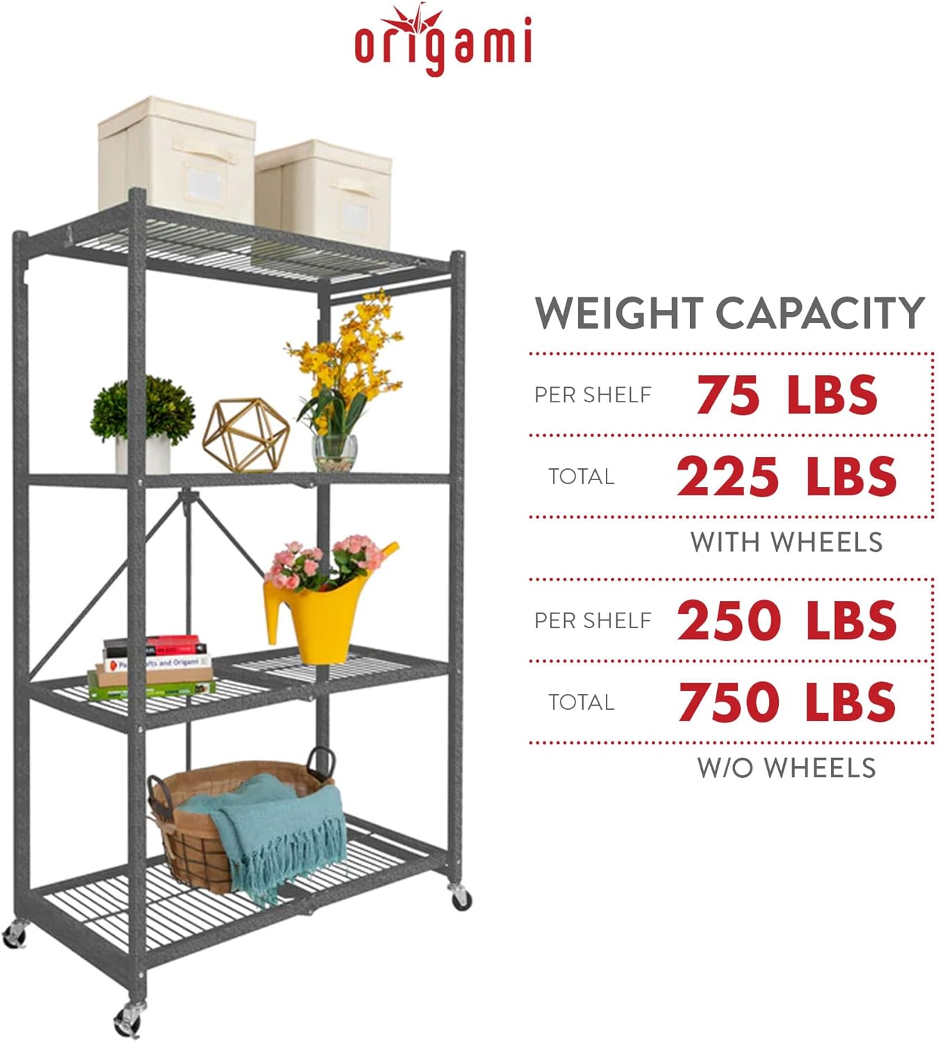 Origami R5 4-Shelf Heavy-Duty Folding Storage Rack, Pewter - Large Foldable Metal Shelving Unit with Wheels for Garage, Pantry, Basement, Laundry Room or Warehouse