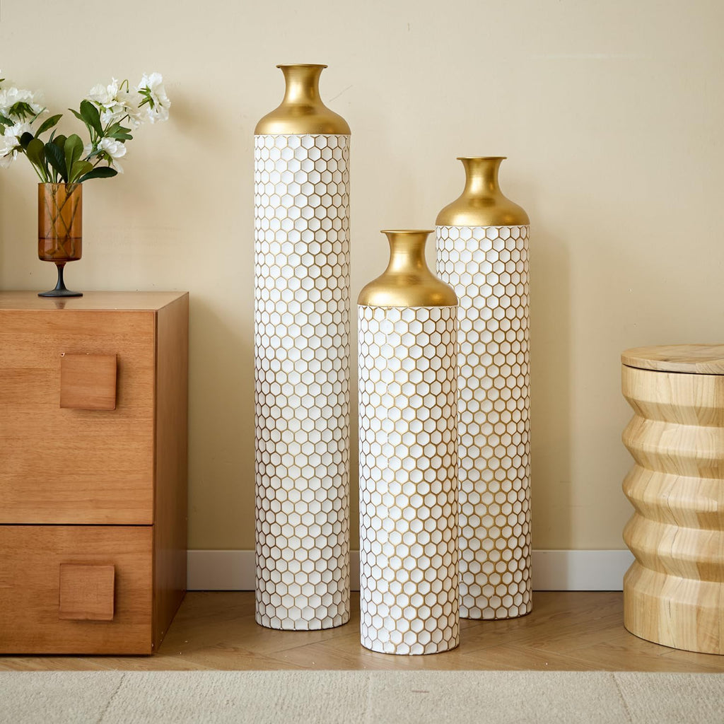 Elegant 3-Piece Set Floor Metal Vase - Modern White & Gold Droplet Shaped Design for Stunning Home Décor - Large Glazed Metal Vases Perfect for Any Space