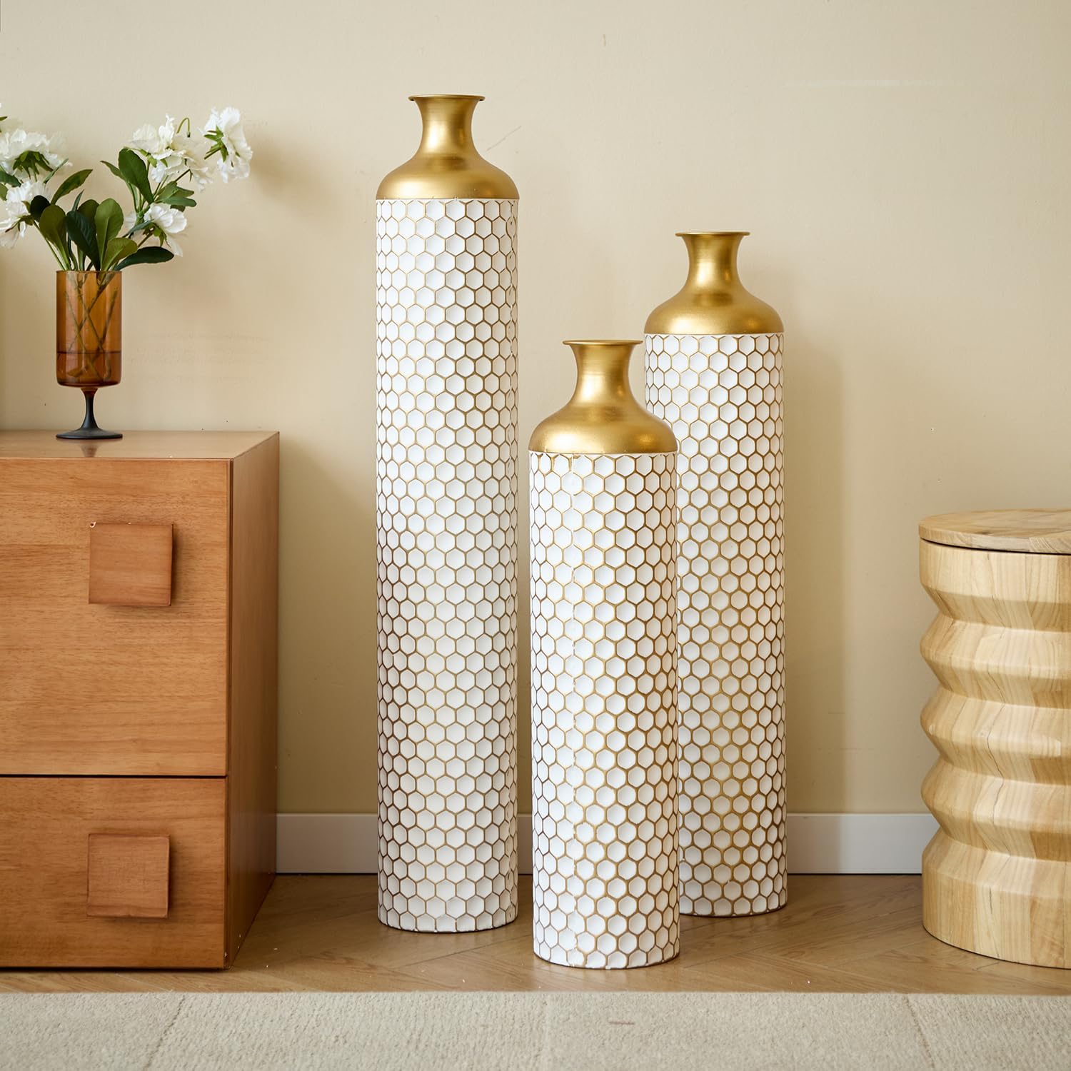 Elegant 3-Piece Set Floor Metal Vase - Modern White & Gold Droplet Shaped Design for Stunning Home Décor - Large Glazed Metal Vases Perfect for Any Space