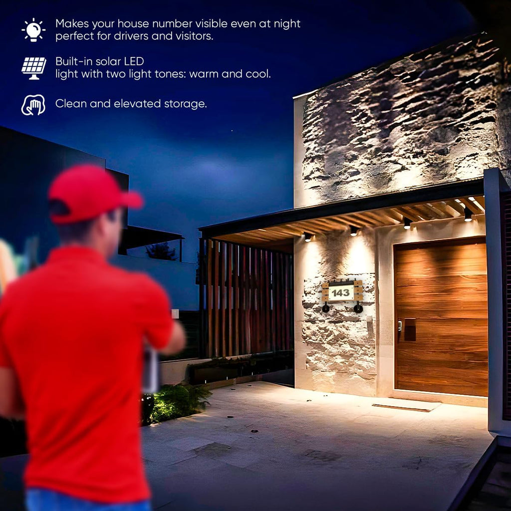 – Outdoor Delivery Stand with House Numbers and Solar Light – Teak Wood and Steel – Decorative Porch Package Holder – 400 lbs Capacity – Warm & Cool Auto LED