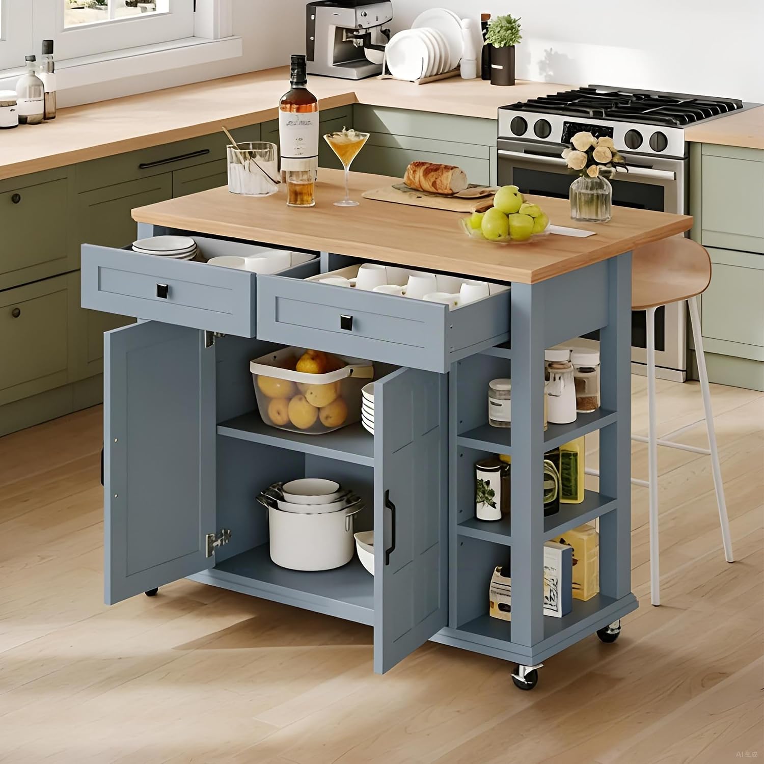 DWVO Rolling Kitchen Island with Drop Leaf, Mobile Storage Islands with Power Outlet Foldable Tabletop, 2 Drawers and Open Shelves, for Living Room, Dining Room, Blue Gray