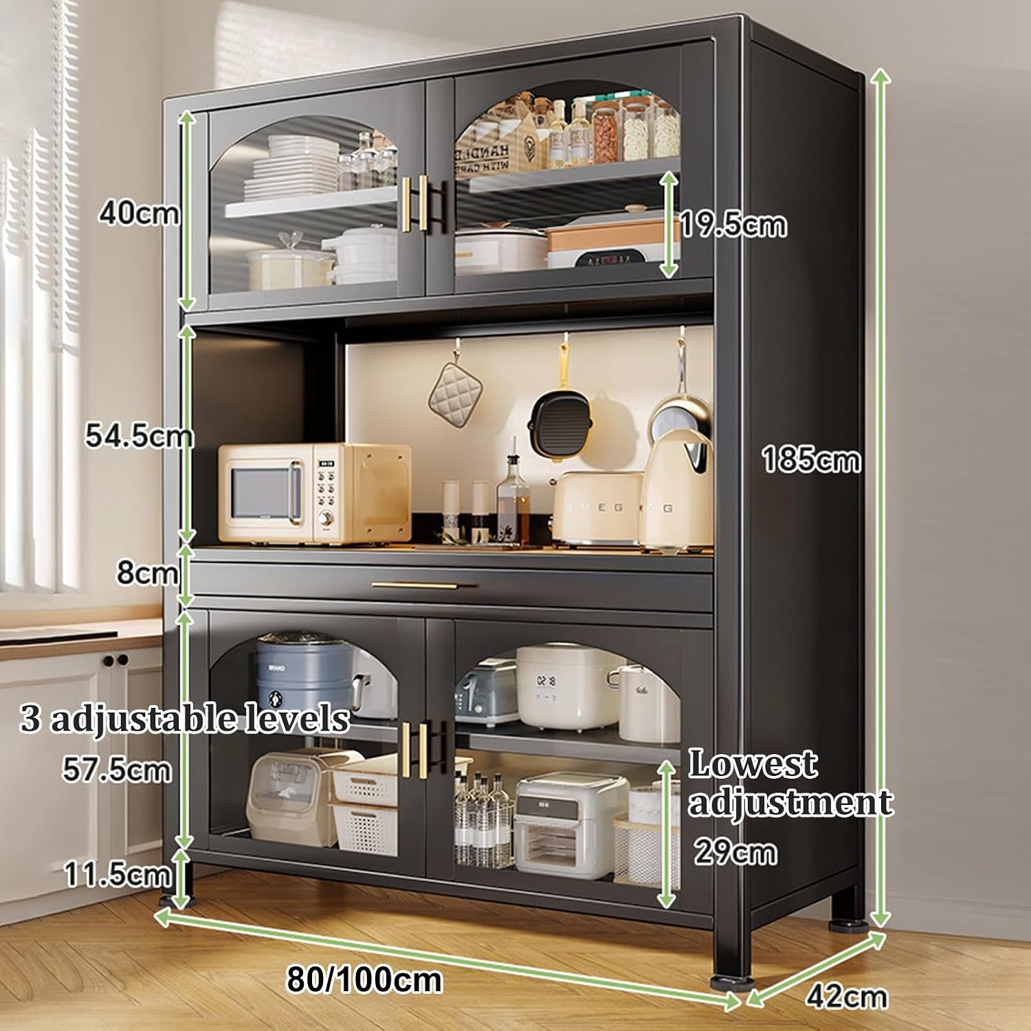 73' Bakers Rack Cabinet with Glass Doors, Tall Coffee Bar with Drawer and Adjustable Shelves, for Living Room, Dining Room, Kitchen, Entrance, Study