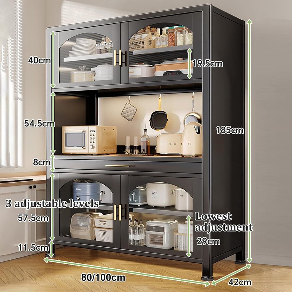 73' Bakers Rack Cabinet with Glass Doors, Tall Coffee Bar with Drawer and Adjustable Shelves, for Living Room, Dining Room, Kitchen, Entrance, Study