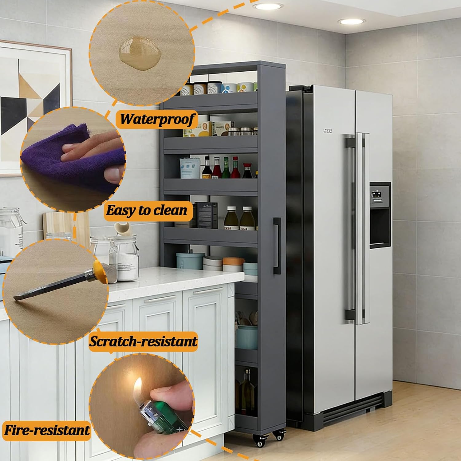 7-Tier Slim Storage Cart, Wooden Rolling Pantry Cabinet with Wheels, Narrow Shelf Organizer for Kitchen, Bakers Rack, Dining Room, Closet,White,W7.9×D17.7×H72.4