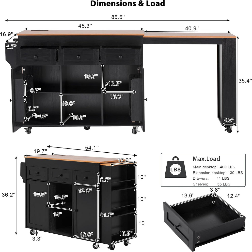 85.5' Kitchen Island with Extendable Dining Table, Kitchen Storage Cabinet with 3 Tier Spice Rack, Rolling Kitchen Island Cart with Power Outlet, 3 Drawers, 2 Doors for Kitchen, Dining Room, Black