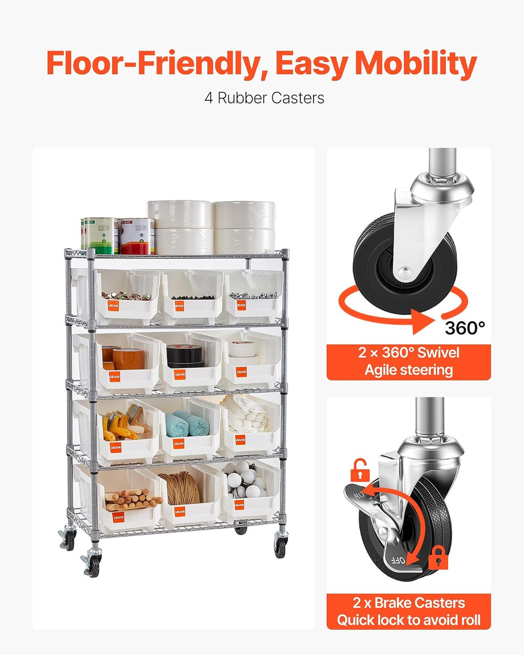 VEVOR 5-Tier Rolling Bin Storage Rack, 12 Organizer Bins, Bin Rack Storage Steel Wire Shelving System with Wheels, Mobile Tool Organizer for Garage, Warehouse, Office, Restaurant, Classroom, Kitchen