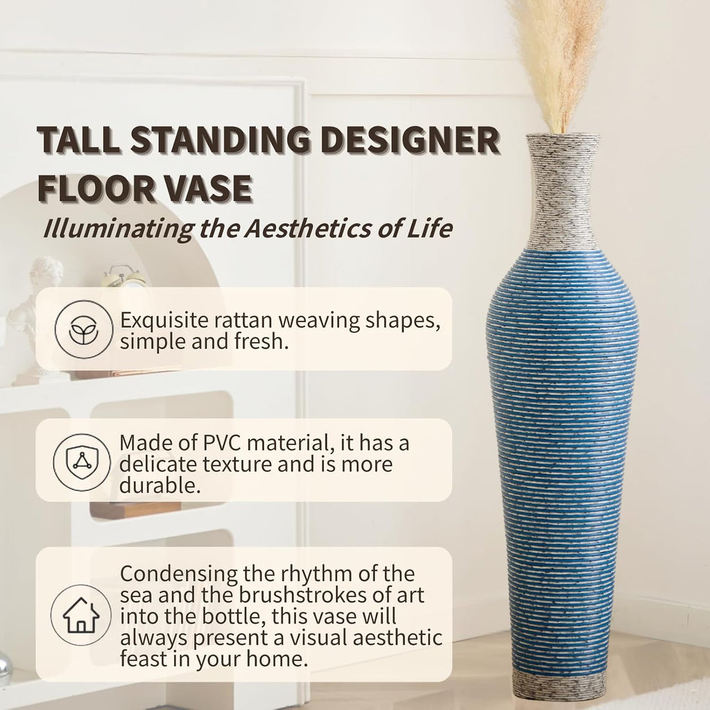 39-Inch Tall Vintage Floor Vase - Premium PVC Rattan Weave, Large Blue Striped Standing Vase, Flower Holder for Home Decor (Blue)