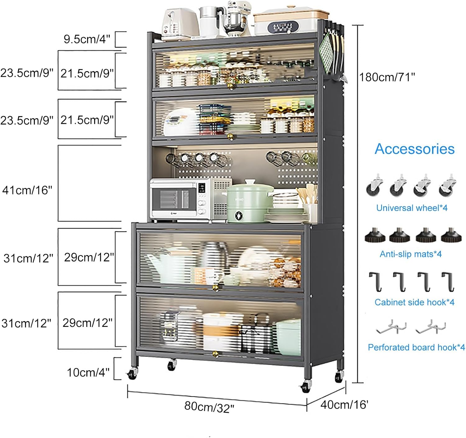 Baker's Rack with Kitchen Storage Drawer Cabinet - Flip Door and Drawer Microwave Stand Rack with Pegboard and Accessories, Metal Shelves for Garage Pantry Home Kitchen Spices (Color : White, Size :