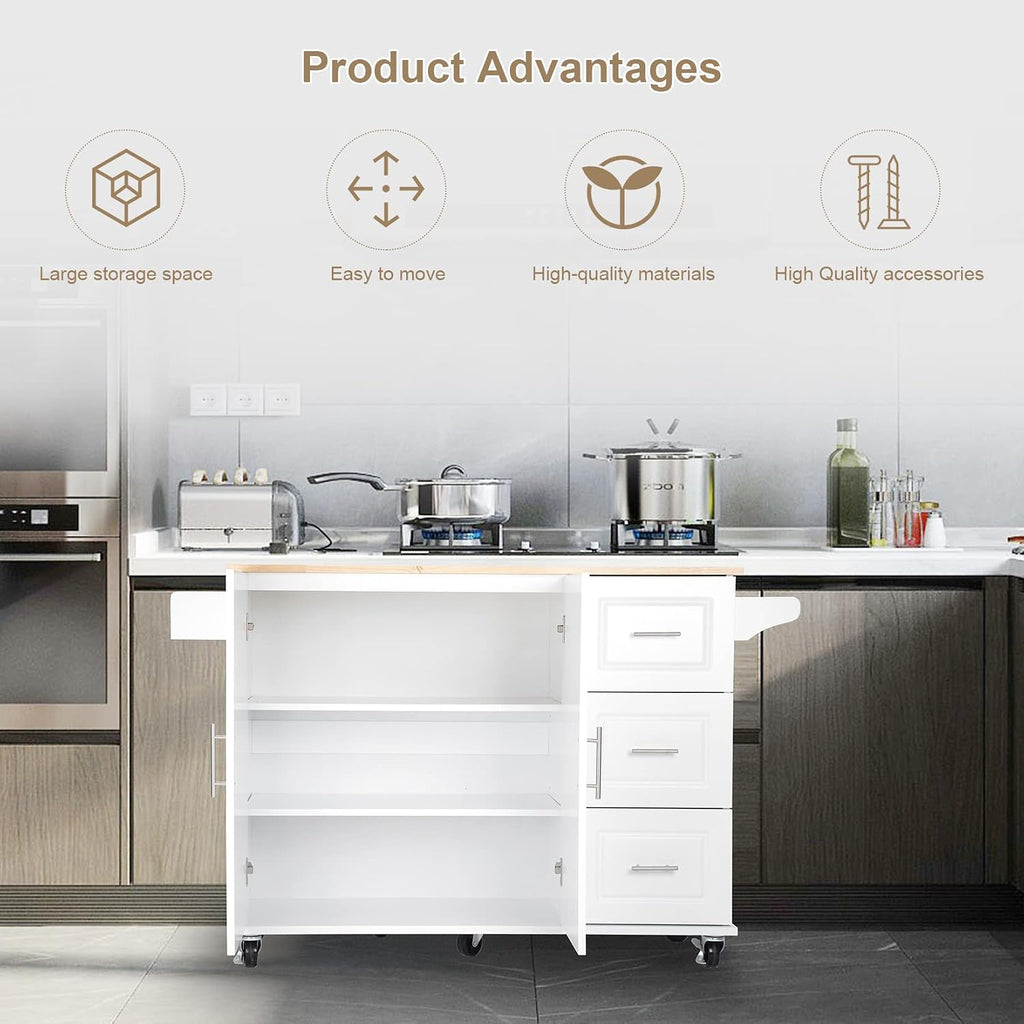Kitchen Island with Rubber Wood Drop-Leaf Countertop, Mobile Serving Cart with Spice Rack, Utility Storage Trolley with Towel Holder, Rolling Kitchen Table with 3 Drawer and Storage Cabinet