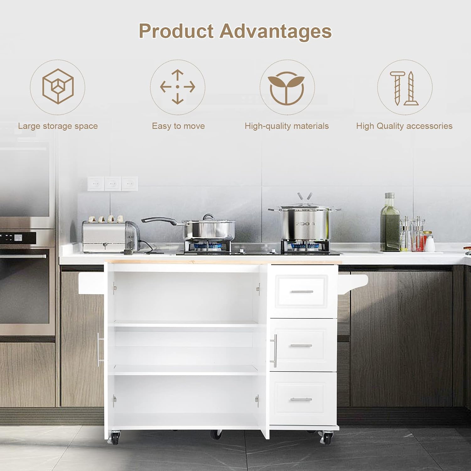 Kitchen Island with Rubber Wood Drop-Leaf Countertop, Mobile Serving Cart with Spice Rack, Utility Storage Trolley with Towel Holder, Rolling Kitchen Table with 3 Drawer and Storage Cabinet