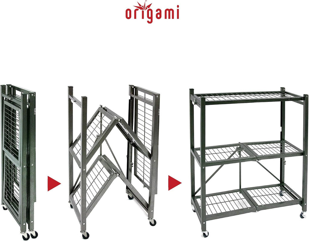 Origami 2 Pack 3 Tier Folding Shelves, Storage Shelving Rack Unit with Wheels, Pewter
