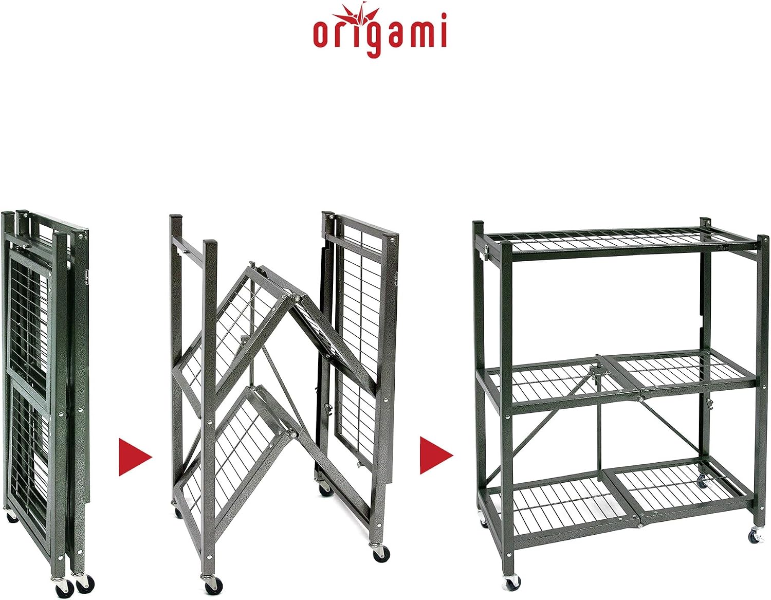 Origami 2 Pack 3 Tier Folding Shelves, Storage Shelving Rack Unit with Wheels, Pewter