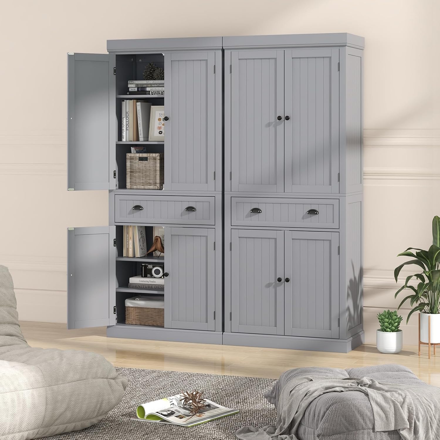 Tangkula 72' H Kitchen Pantry Cupboard Cabinet, Traditional Freestanding Large Tall Storage Cabinet with 2 Cabinets and Drawer, Adjustable Shelves, for Living Room Kitchen, 30 x 16 x 72 Inch