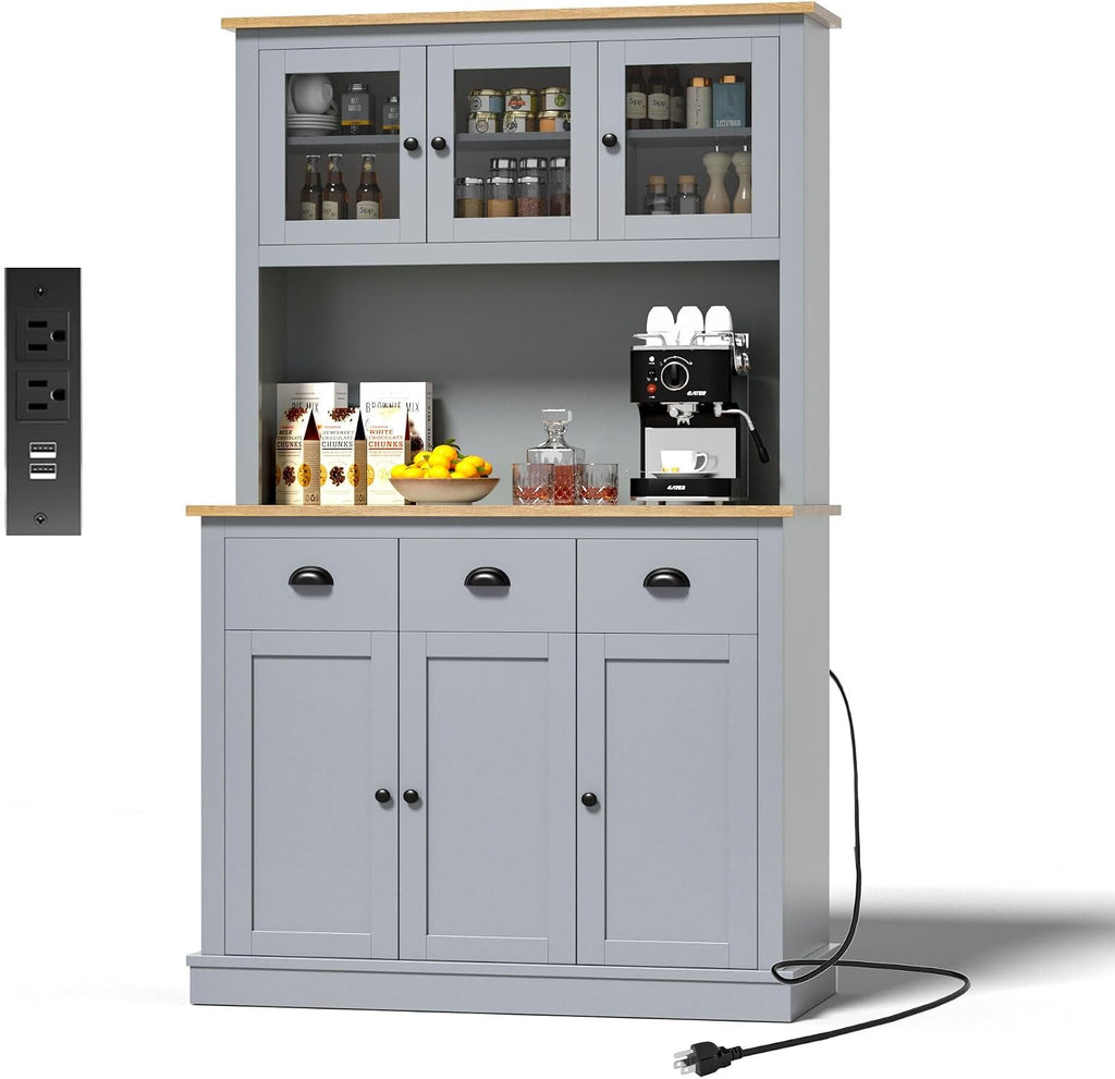 MU 71' Kitchen Pantry Cabinet with Charging Station, Tall Pantry Hutch with Drawers, Countertop & Microwave Shelf, Food Storage Cabinet for Dining Room & Coffee Bar, Grey