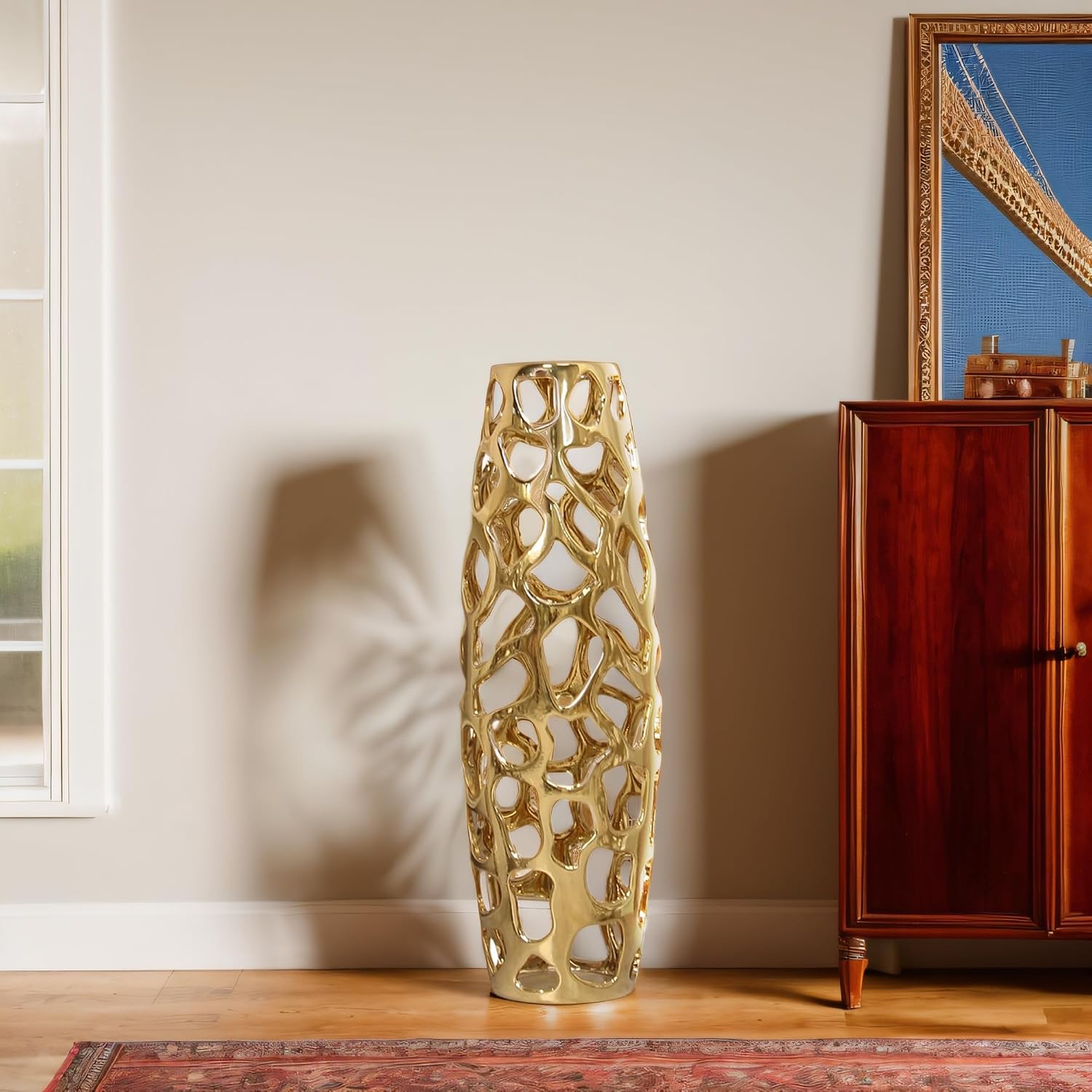 Ceramic Vase Large Floor Vase Handmade Ceramic Flower Holder Hand Carved Sophisticated Vessel for Decorative Branches and Dried Flowers 24 Inches Gold