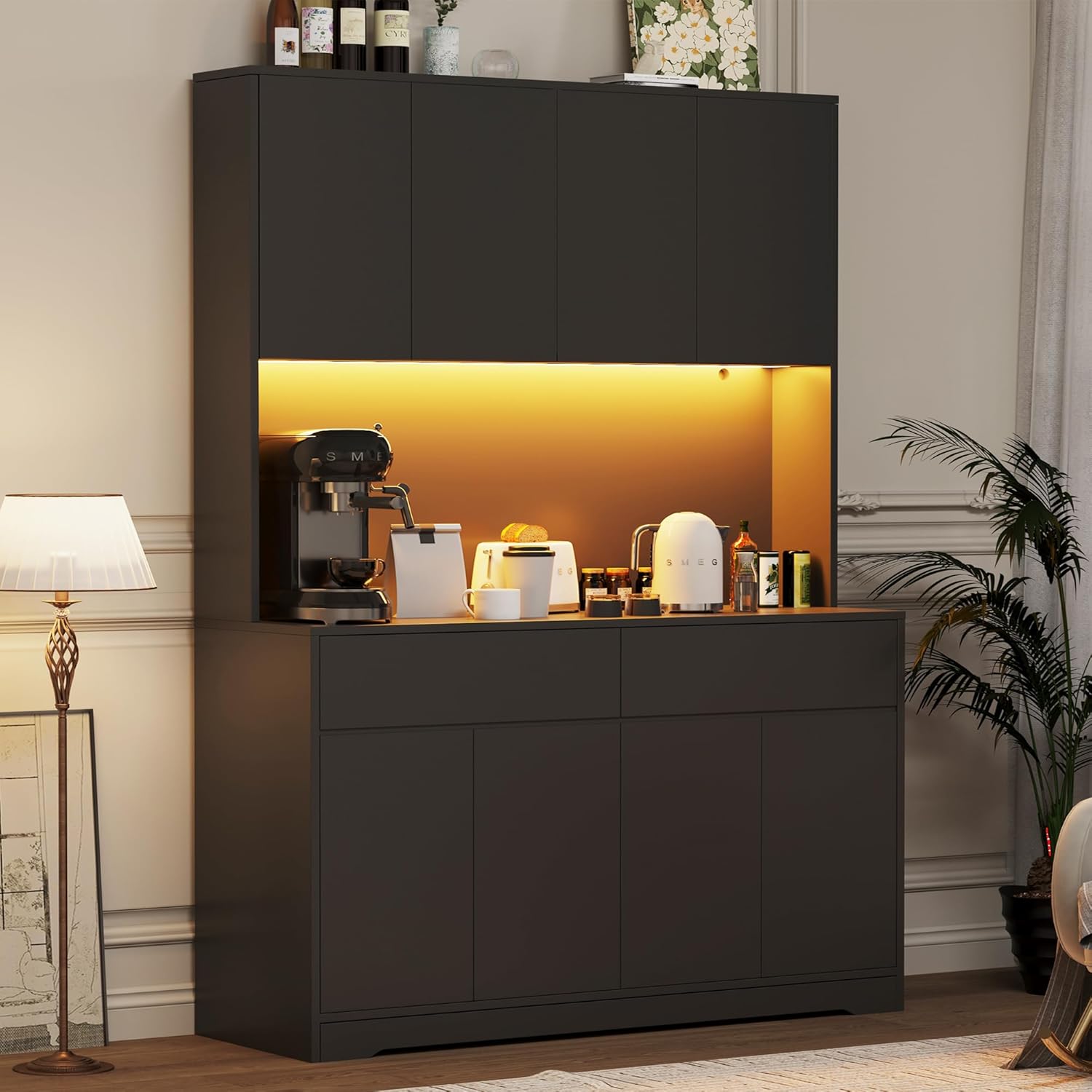Hlivelood 71' Tall Pantry Cabinet, 47' Wide Kitchen Pantry Storage Cabinet with LED Light & Outlet, Kitchen Hutch with Microwave Shelf, Door Shelves & Drawer & Adjustable Shelves, for Dining Room