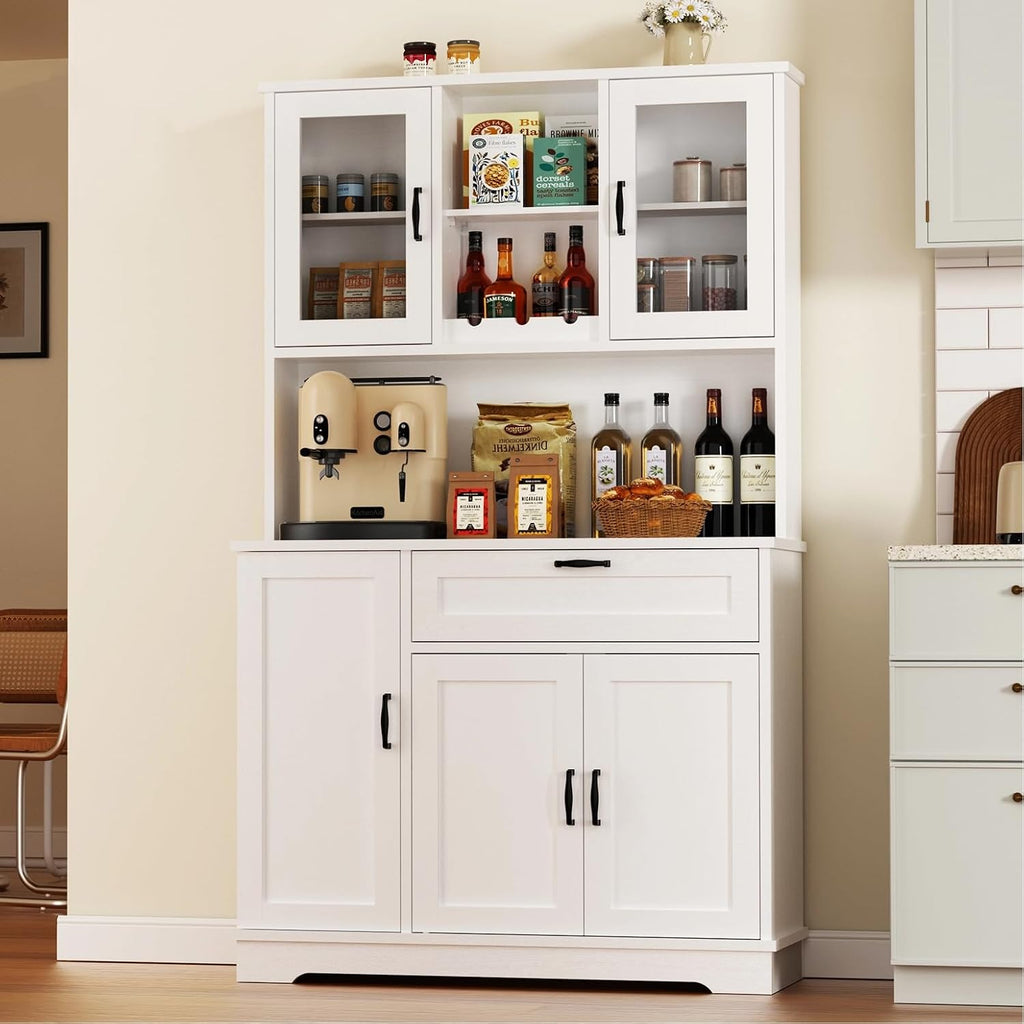 Vongrasig Kitchen Pantry Cabinet, Farmhouse Kitchen Hutch Tall Storage Cabinet with Doors and Shelves, Modern Food Pantry for Dining Room, White