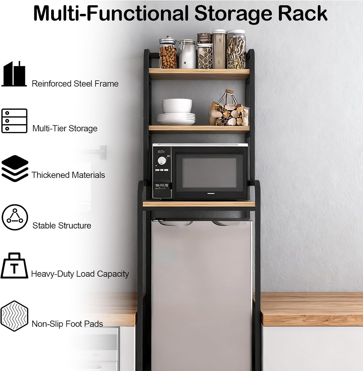 4-Tier Mini Fridge Stand with Storage, Over Fridge Storage Shelf Heavy-Duty Microwave Stand & Baker Rack, Space-Saving Organizer for Kitchen, Dorm, Office, 21.65Wx23.62Dx35.43H